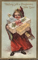 Wishing You a Prosperous New Year: Child carrying presents Postcard