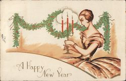 A Happy New Year - A Woman Holding Candles Postcard