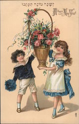 Happy New Year - A Boy and Girl Holding Flowers Children Postcard Postcard Postcard