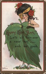 Happy New Year - A Woman Hiding Behind a Large Leaf Postcard