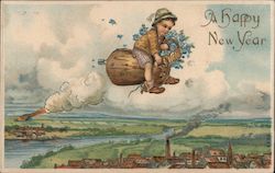 A Happy New Year - child with flowers flies through sky on odd duck-like creature Postcard