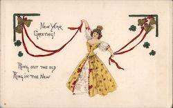 New Year Greeting - Woman, Bells and Four Leaf Clovers Postcard