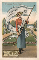 A Happy New Year! - woman waving banner with Hebrew writing and Star of David Postcard