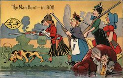 The Man Hunt in 1908 - Leap Year - women with guns and hound hunting for a gentleman who is hiding Postcard