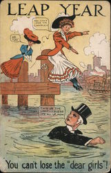 Leap Year - cartoon of women leaping into the water to join man already in the water Postcard