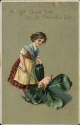 A Right Good Time on St. Patrick's Day - girl with shamrock and piglet Postcard