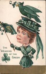 The Wearing of the Green - Woman waving Irish flag while green bird with pipe sits on her hat Postcard