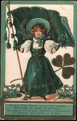 Girl in green dress, gloves, and hat, holding a green flag and a handful of shamrocks St. Patrick's Day Postcard Postcard Postcard