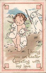 Easter Greetings - Naked Angel Child Carrying Bunnies away from Bunny Chasing after Him Postcard