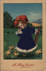 A Merry Easter - Girl with Baby Chicks Postcard