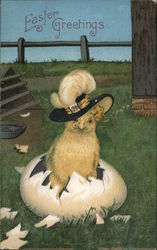 Easter Greetings Chick hatching from egg with fancy hat on. Postcard