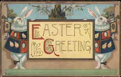 Two Easter Bunnies Blowing Horns: Easter Greeting Postcard