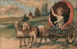 Easter Greetings - little girl with two lambs pulling her egg-shaped wagon Postcard