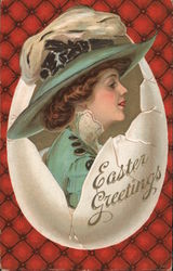 Easter Greetings-Woman all dressed up for Easter in a cracked egg. Postcard