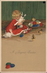 A Joyous Easter - little girl with bunnies, chicks, and eggs Postcard