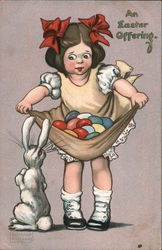 An Easter Offering - Girl Holding Eggs in Dress while Bunny Looks Postcard