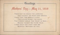 Mothers Day Greetings - Chicago YMCA War Service World War I Postcard Postcard Postcard