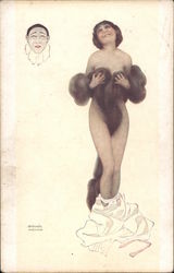 La Luxure [The Lust] - Woman wearing a fur wrap with dress around ankles, Pierrot Postcard