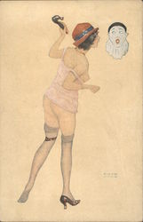 Semi nude woman pounding astonished Pierrot head with shoe Postcard