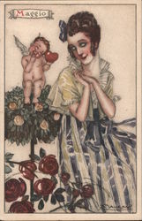Maggio Cupid Woman Roses Postcard