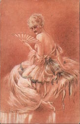 Beautiful woman in fancy dress, with fan, partly exposed chest but acting demure Postcard