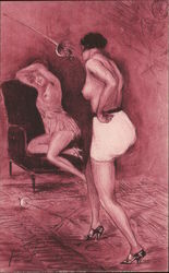 Partly nude women with fencing epee swords. One sword on floor. Postcard