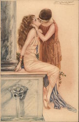 Man and woman in ancient robes, kissing - next to column and gargoyle Artist Signed Mauzan Postcard Postcard Postcard