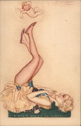 Circus woman on her back rolling a cherub with her feet Postcard