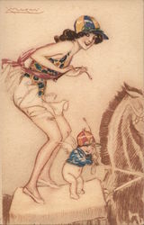 Woman Angel Jockey Caps Horse Postcard