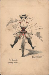 Woman in Undergarments Riding Bicycle Postcard