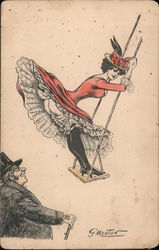 Woman Red Dress Swinging Pantaloons Showing Gentleman Artist Signed Georges Mouton Postcard Postcard Postcard