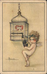 A naked cupid locking a heart into a bird cage Postcard