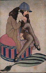 Deco Woman seated with dog Postcard