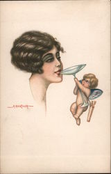 Cupid Serving Lady a Drink Postcard