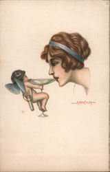 Angel Feeding Woman Champagne Postcard