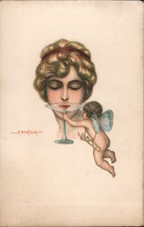 Art Woman Drink Cupid A. Bertiglia Postcard