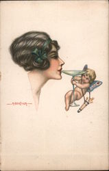 Woman Champagne Glass Cupid Arrows By A. Bertiglia Artist Signed Postcard Postcard Postcard