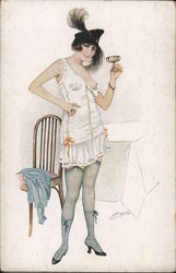 Woman in party outfit toasts with a drink. Has one breast exposed. Postcard