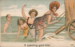 A spanking good time - woman spanking another woman at beach while others look on Postcard