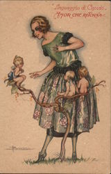 Linguaggio di Cupido Amor Che Ritorna... [Cupid's language of love. . .] - Woman and Three Cupids Postcard