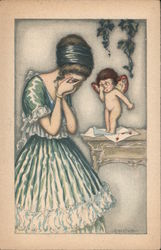 Crying woman with a crying Cupid Postcard
