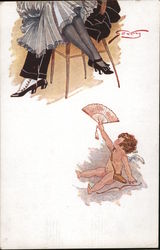 Woman sitting on man's lap (legs visible only), Cupid gestures at them from below with a fan Postcard