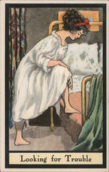 Girl In Nightgown Getting Into Bed: "Looking for Trouble" Postcard