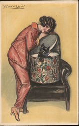 Woman with Cat in Hat Box Postcard