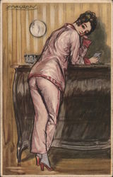Woman in pajamas leaning on bar Postcard