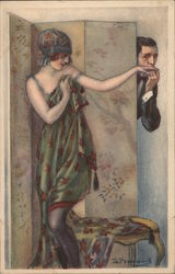 Man Kissing Hand of Woman behind Dressing Screen Postcard