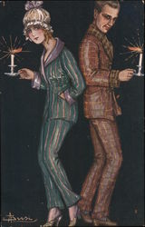 Couple in Pajamas Holding Candles Artist Signed A. Busi Postcard Postcard Postcard