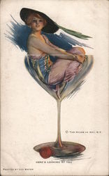 Here's Looking at You - Beautiful lady in fancy dress and hat, sitting in oversized glass Postcard