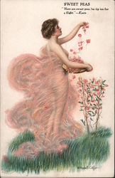 Sweet Peas - Beautiful lady in diaphanous gown, gathering flowers Postcard