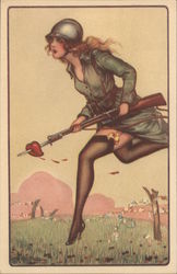 Woman in Military Coat and Stockings Postcard